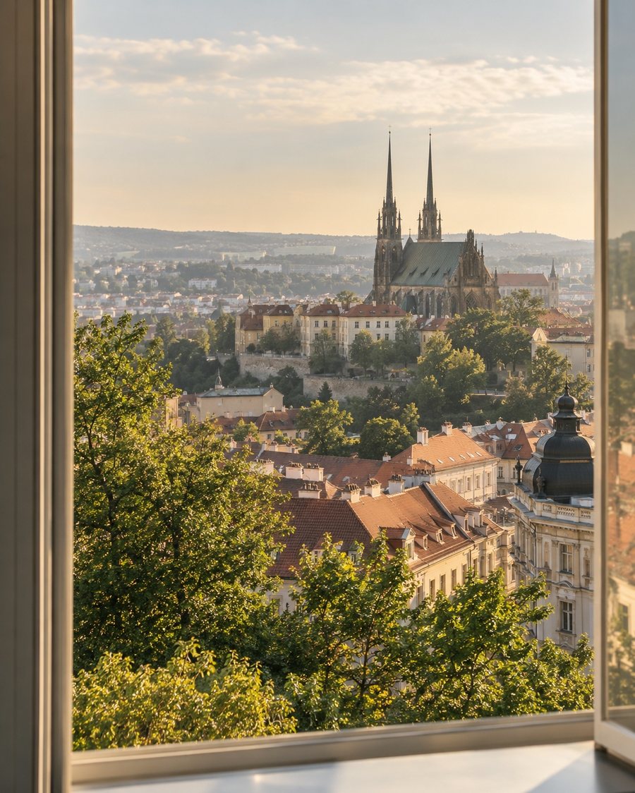 Výhled na Brno z okna kanceláře