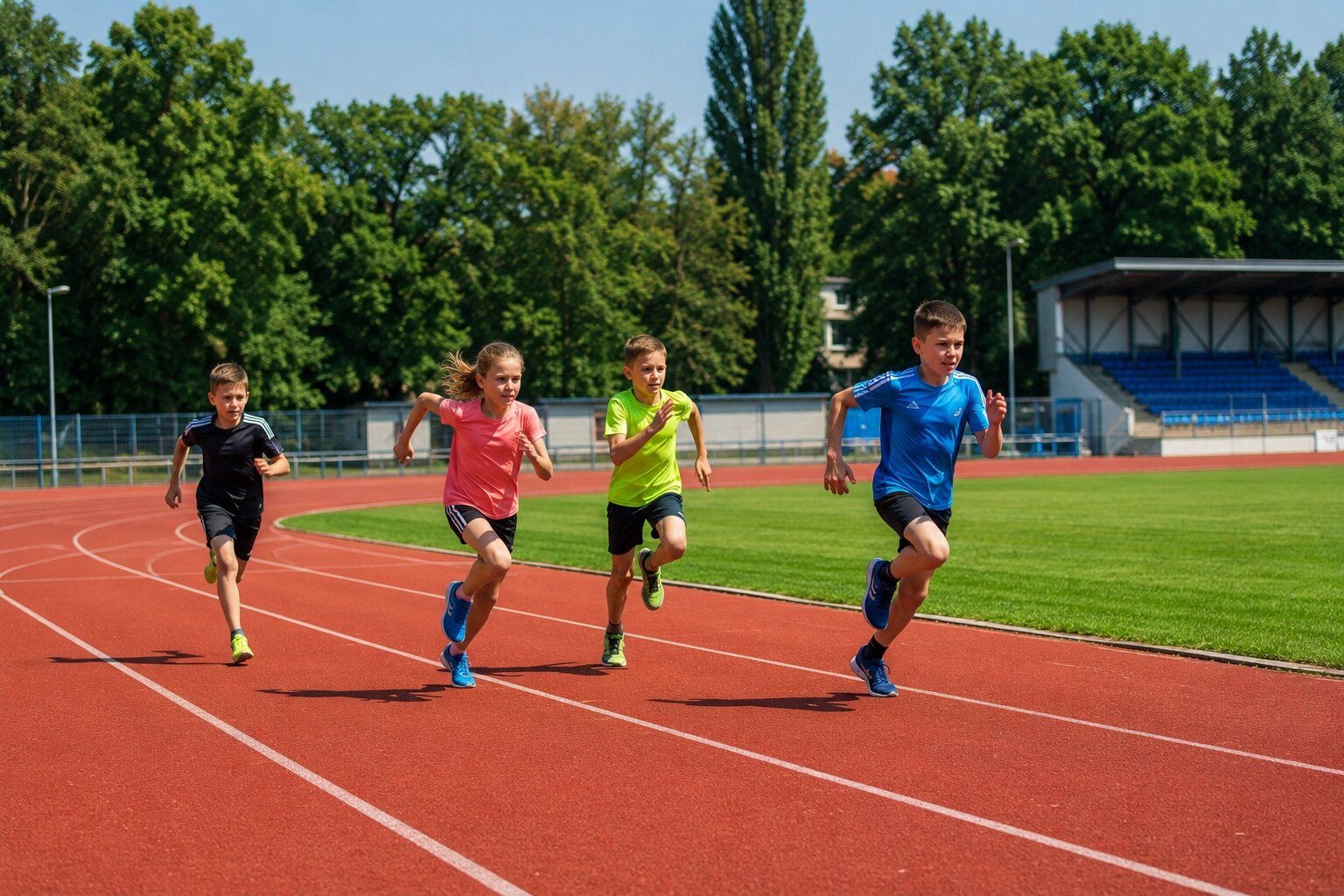Děti běží po tartanové dráze atletického stadionu ve Vrchovině