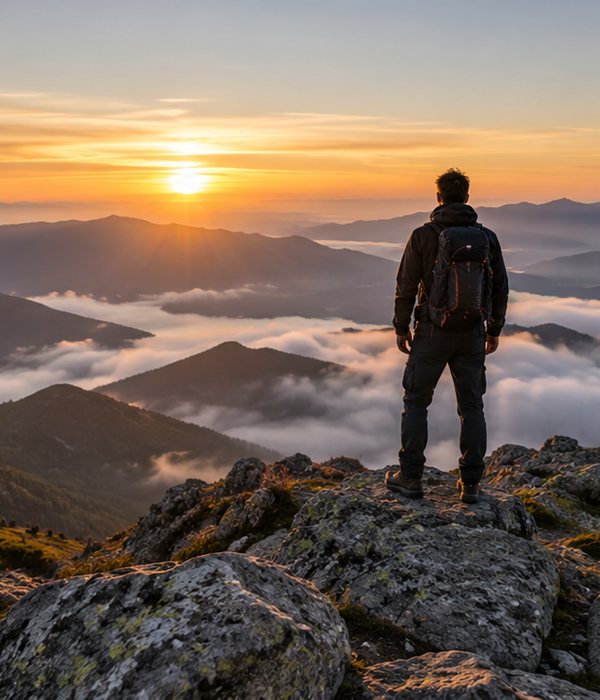Turista na vrcholu hory při východu slunce