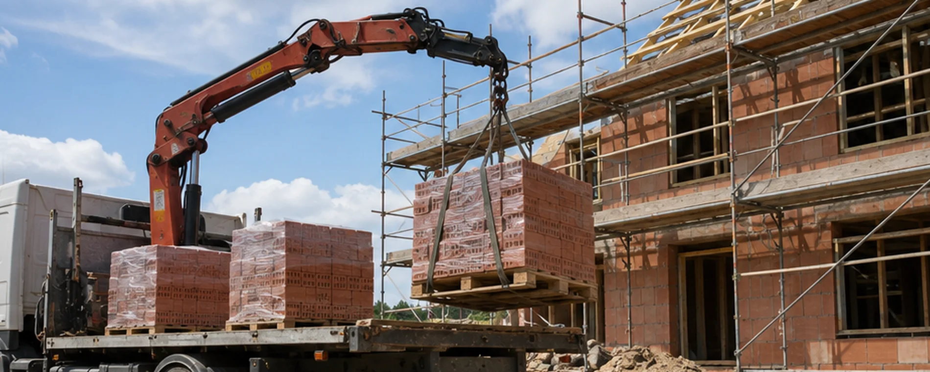 Závoz materiálu hydraulickou rukou na stavbu