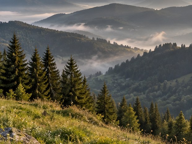 Pohled z louky na hřebeny Podkrkonoší