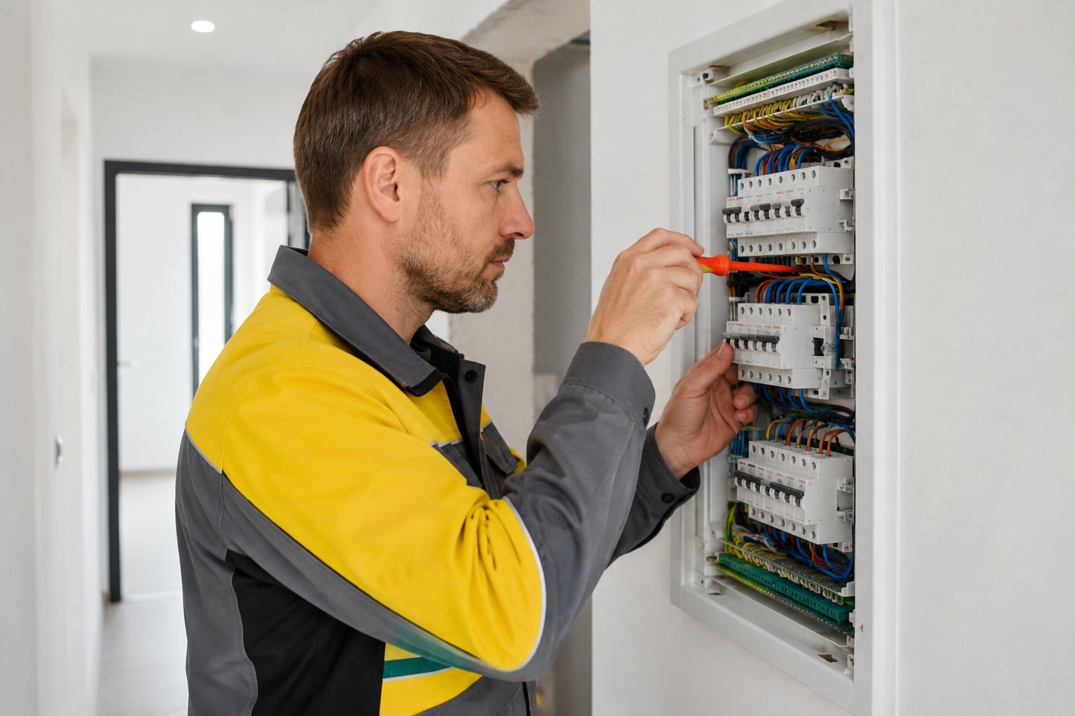 Elektrikář Petr Šíma při práci v otevřeném rozvaděči