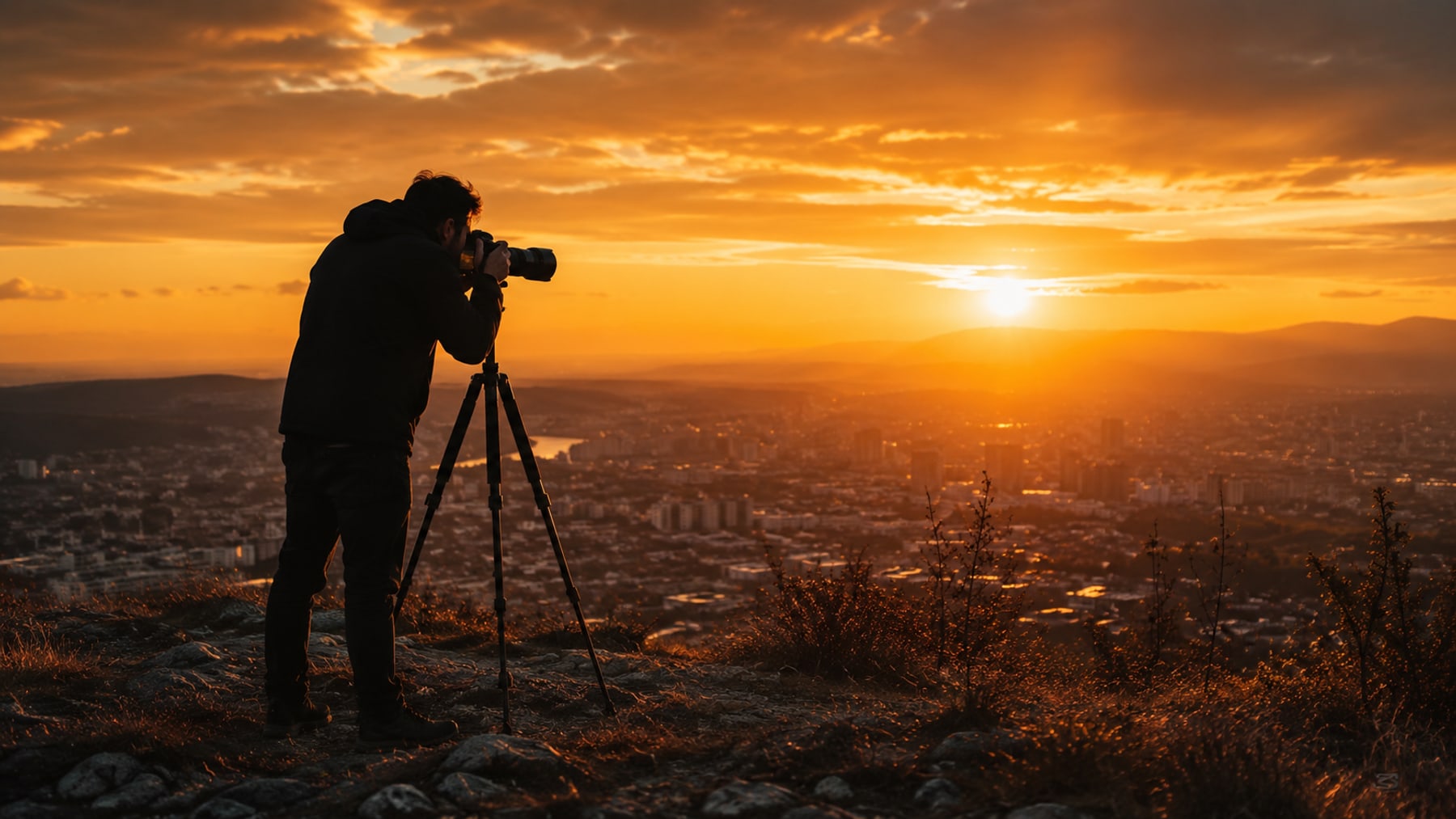 Fotograf Jonáš Dvorský při focení západu slunce