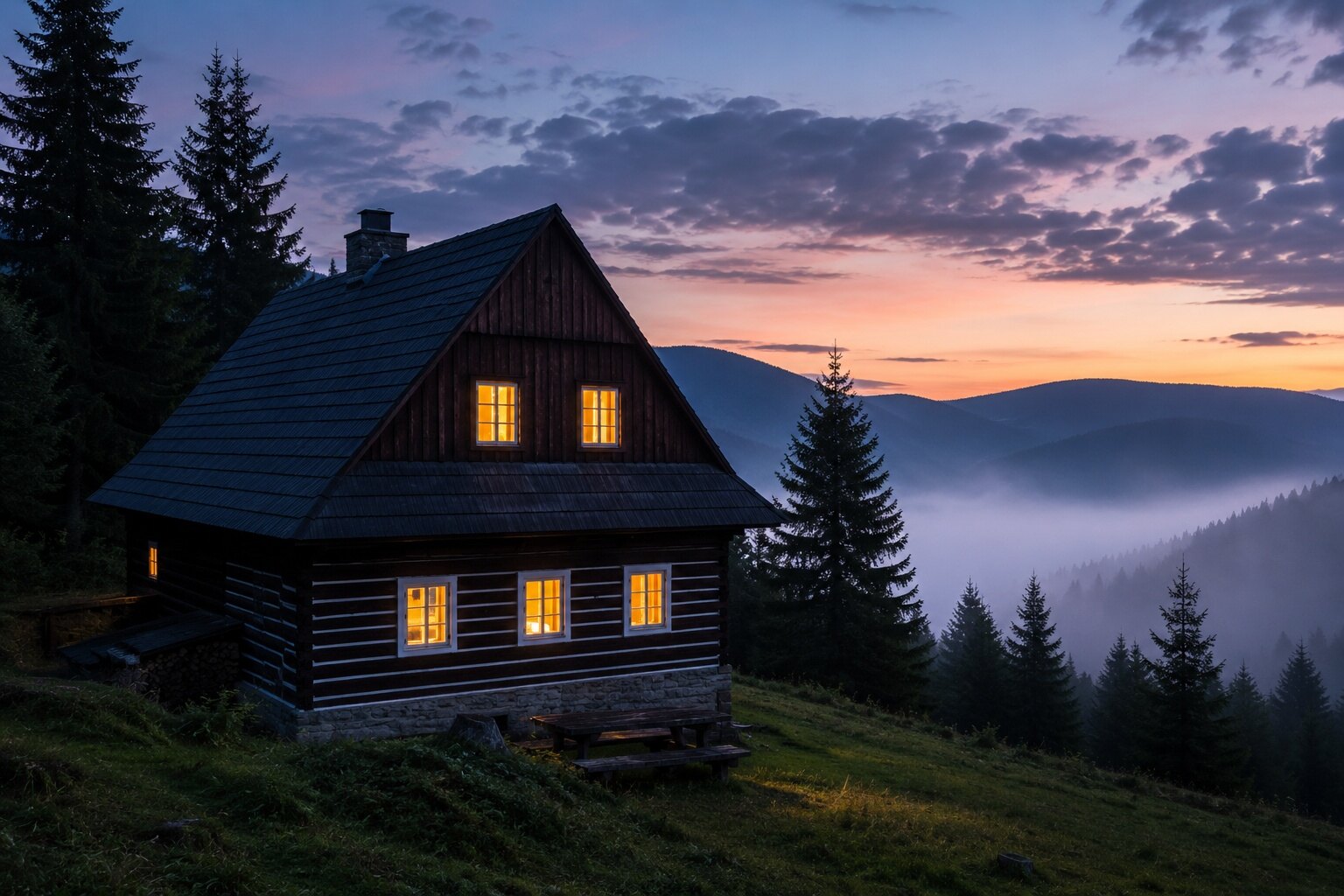 Chata Smrčina v ranní mlze pod hřebenem Jeseníků
