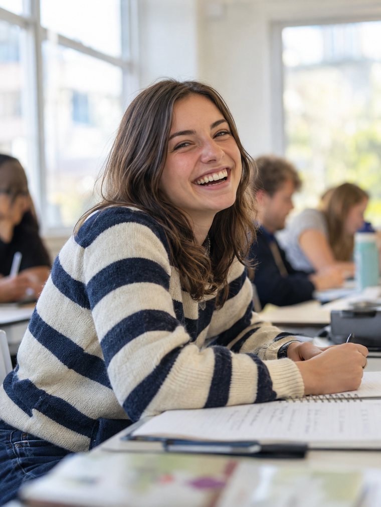 Studentka se směje během jazykové hodiny