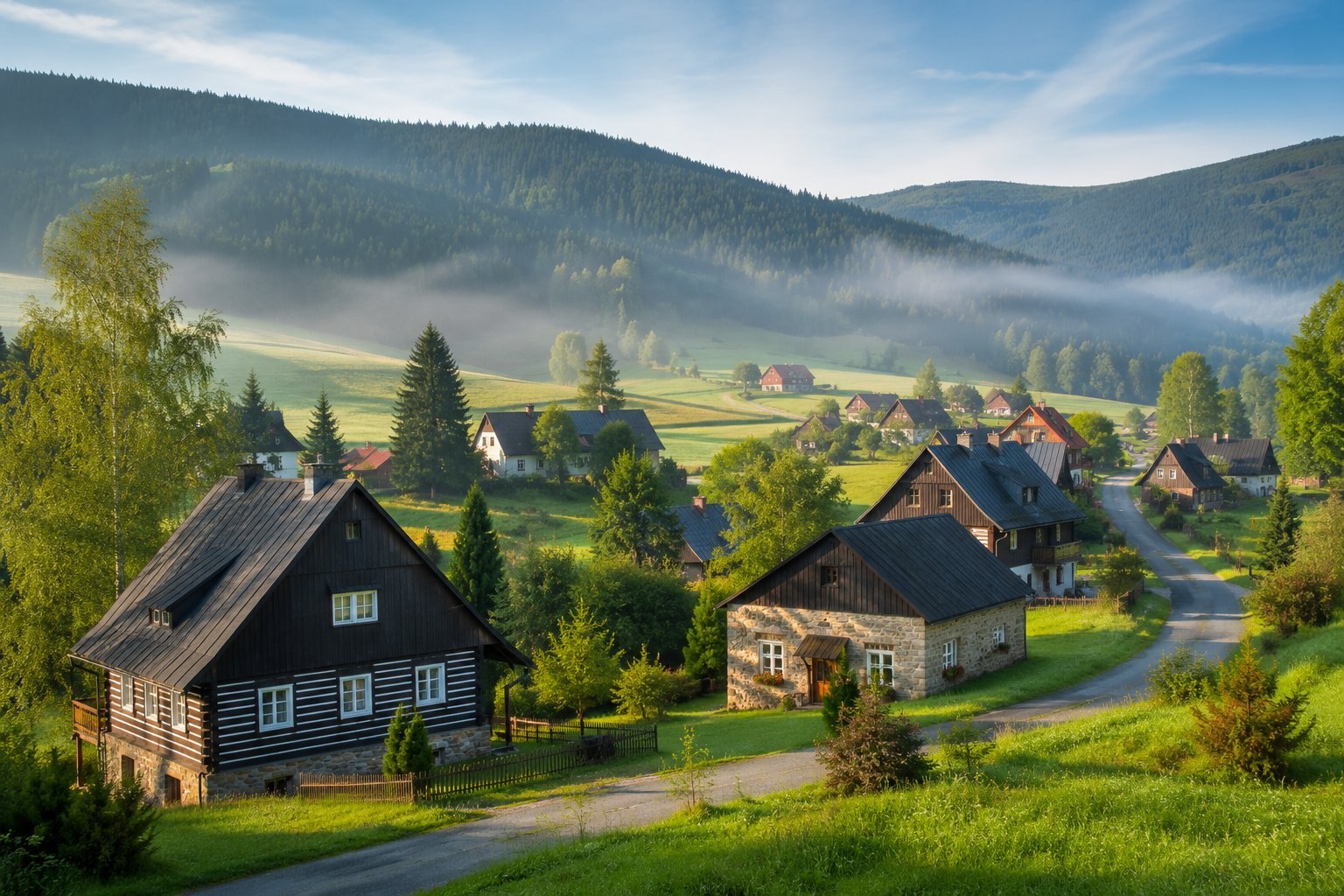 Zasněžené hřebeny Krkonoš nad obcí Horní Paseky