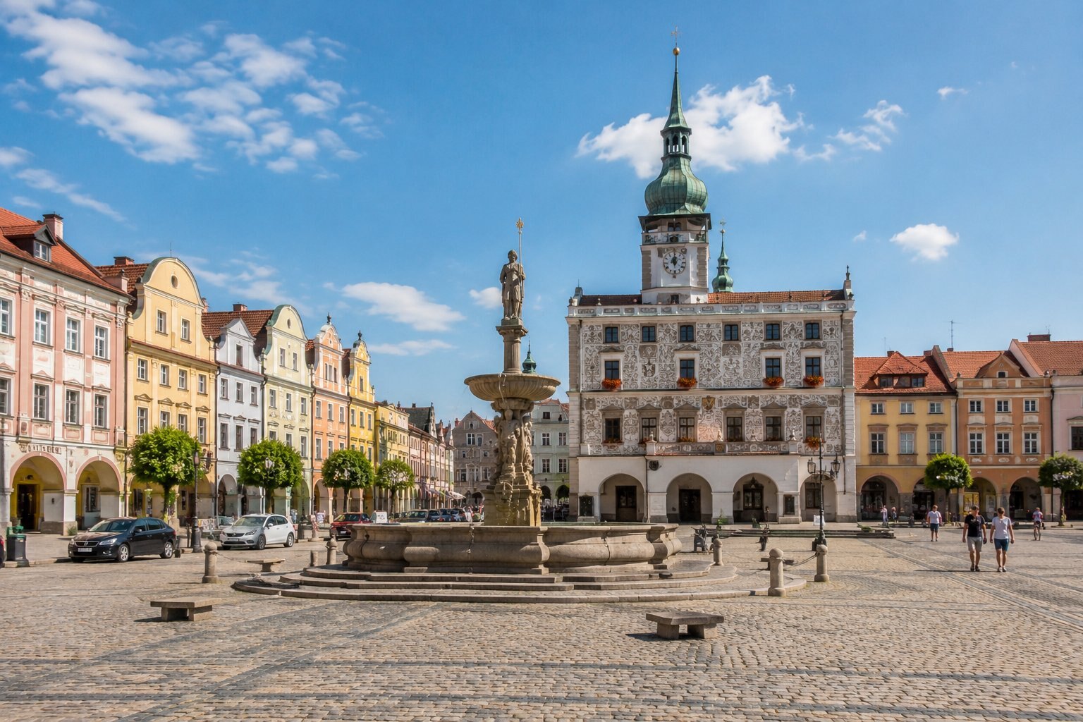 Masarykovo náměstí v Doubravce s barokní kašnou a radnicí