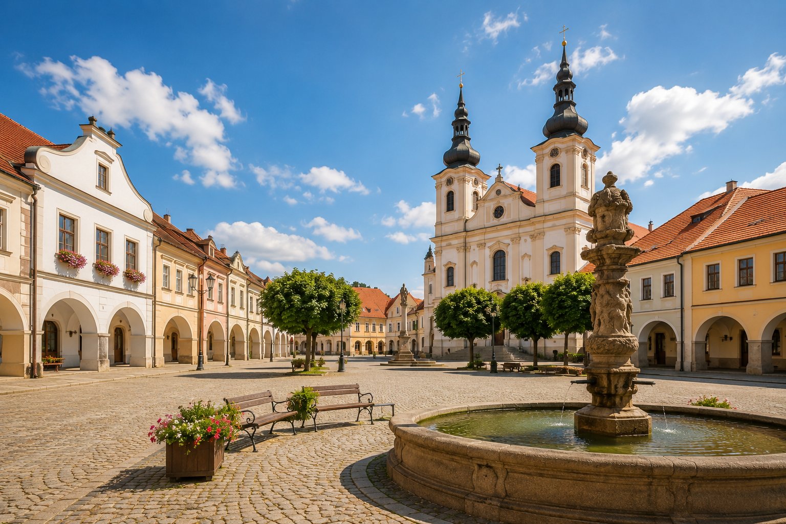 Náměstí městyse Kamenný Brod s kostelem svaté Anny