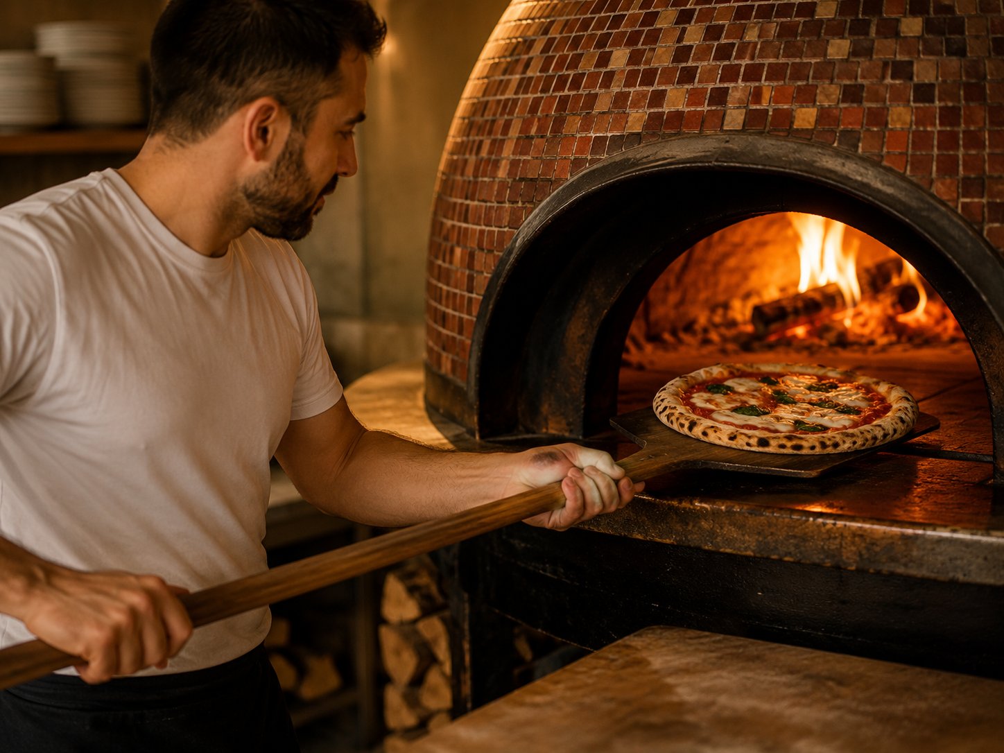 Pizzař sází pizzu do pece na dřevo