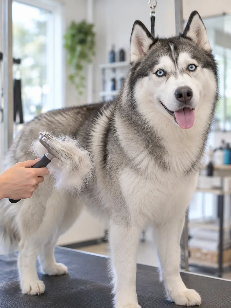 Vyčesávání podsady huskyho hřebenem