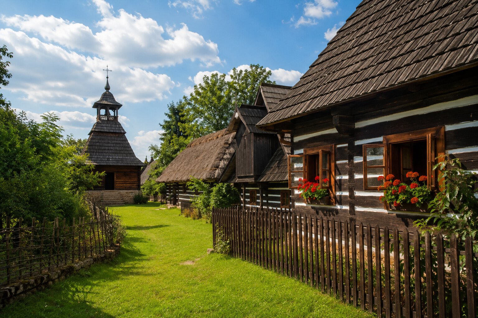 Panorama skanzenu — roubené chalupy, mlýn a zvonice v podhůří
