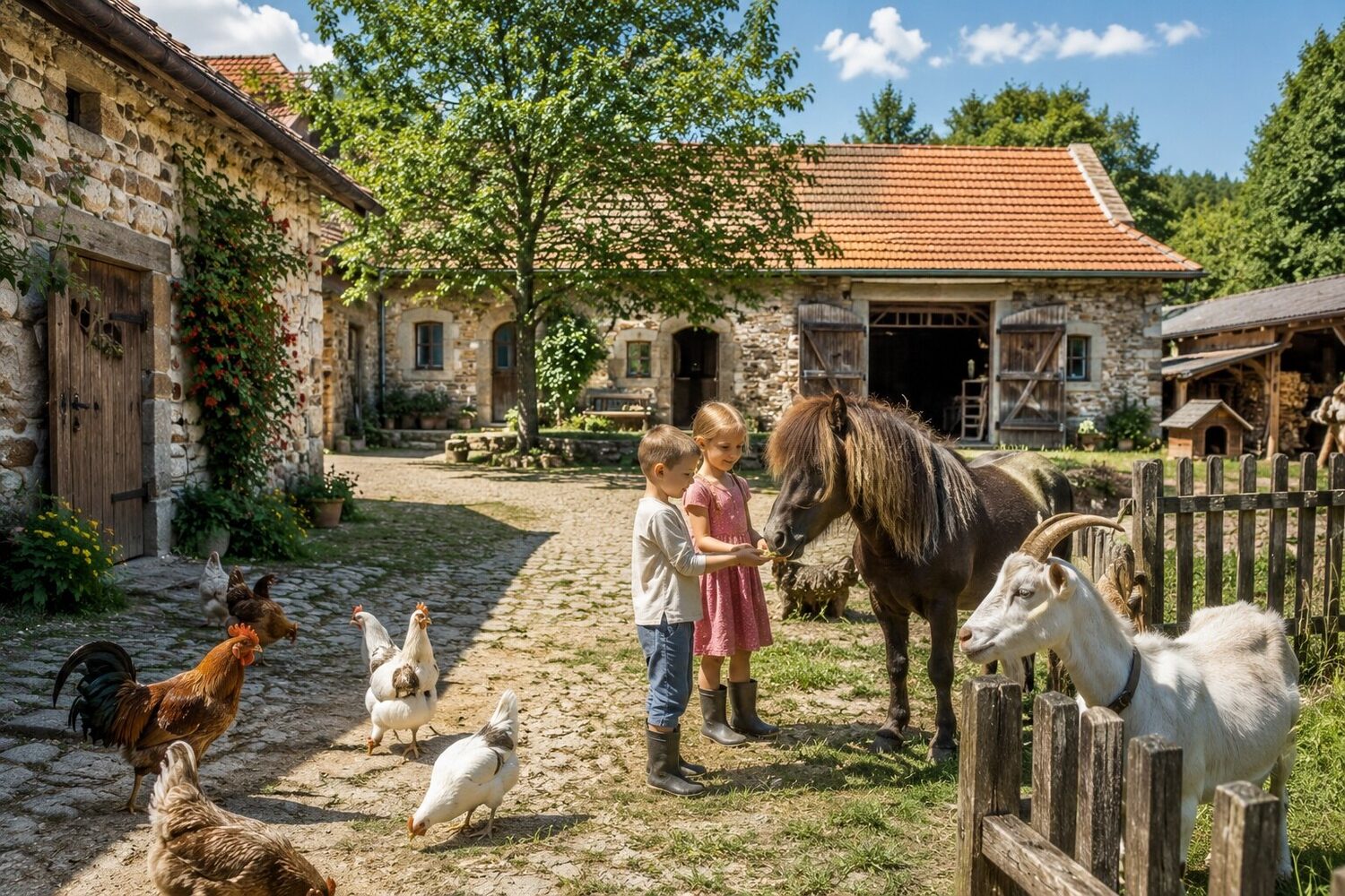 Děti krmí zvířata na dvoře statku