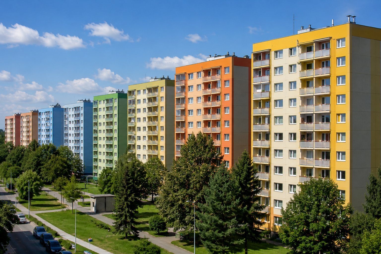 Panelové domy SVJ Duhová s barevně natřenými štíty