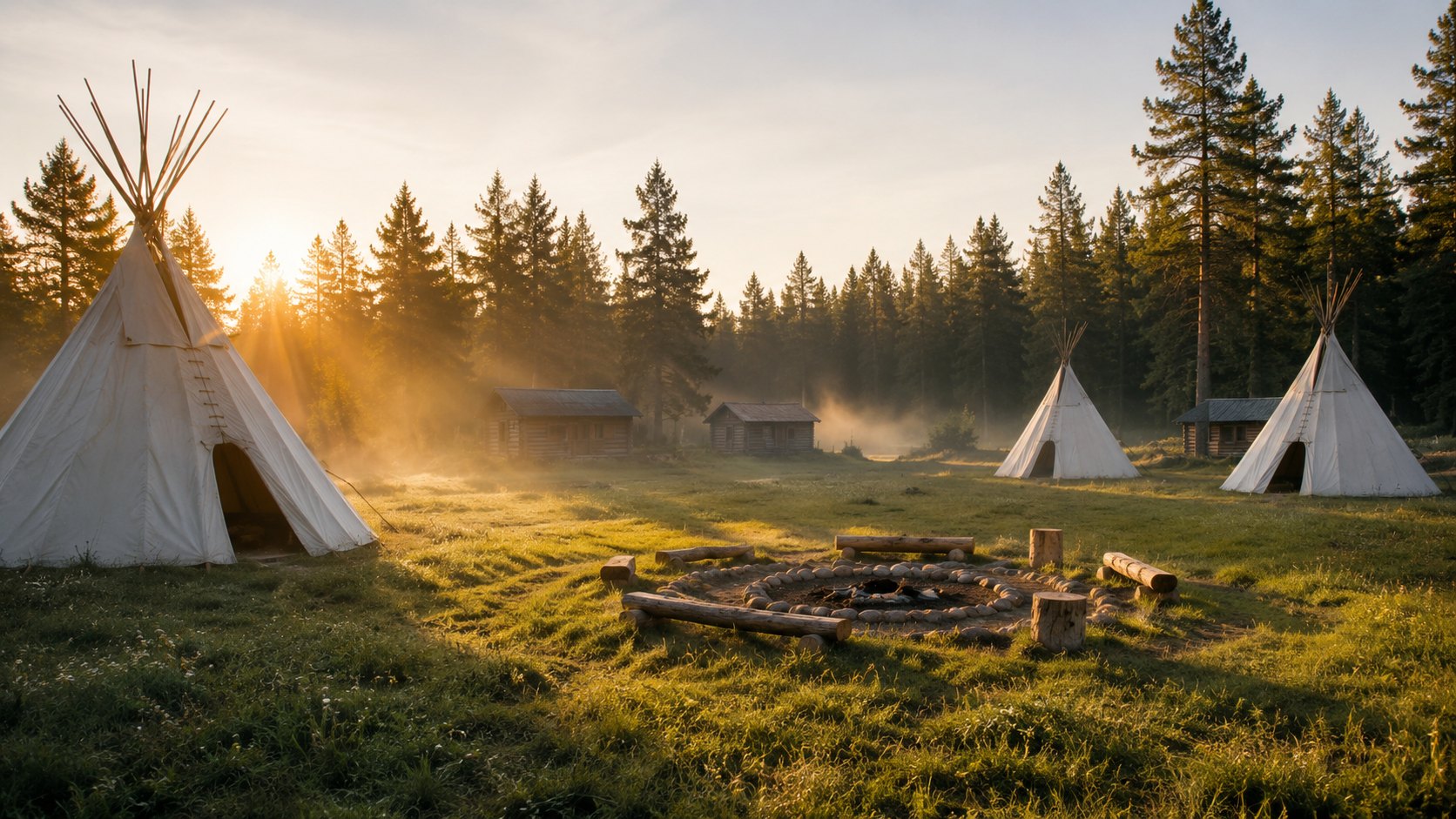 Tábořiště s teepee u lesa