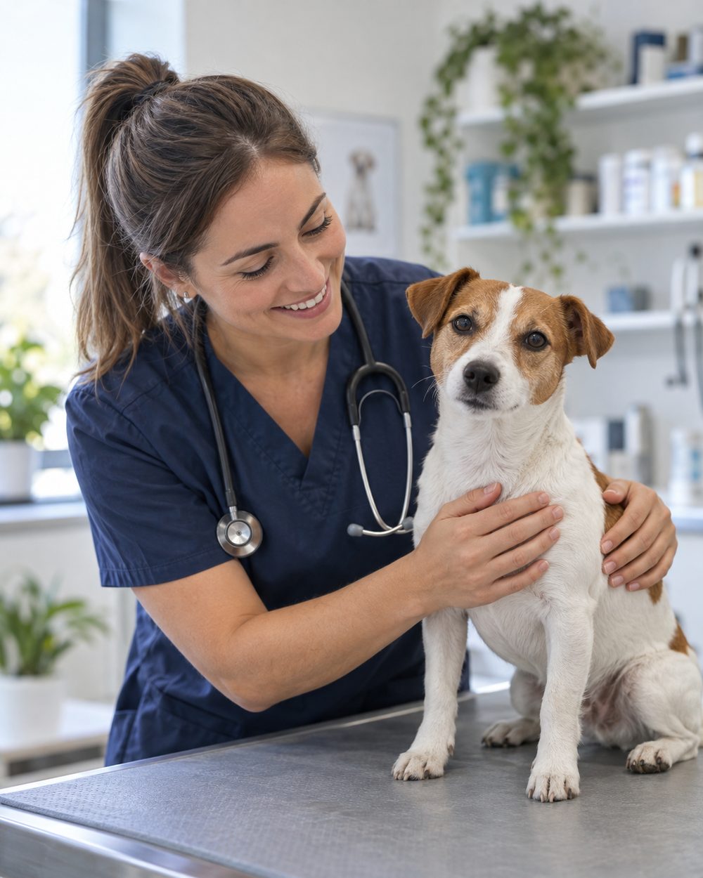 Veterinářka s psem na vyšetřovacím stole