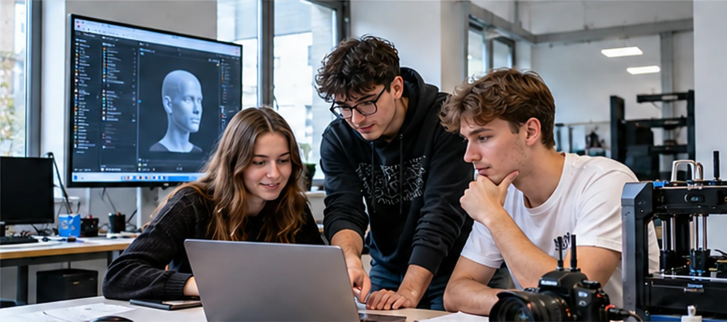 Studenti u 3D modelu a notebooku v laboratoři školy