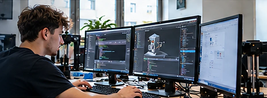 Student u tří monitorů s 3D modelem a kódem