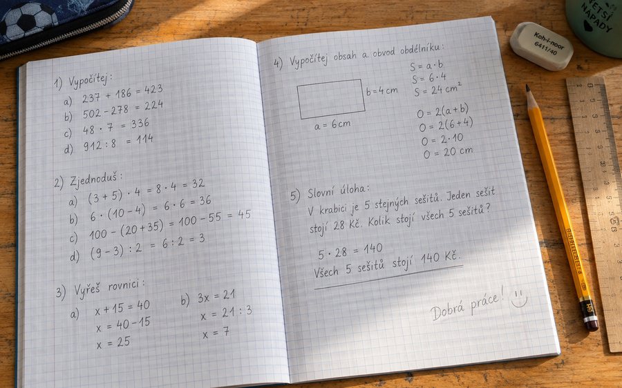 Sešit s matematickými příklady