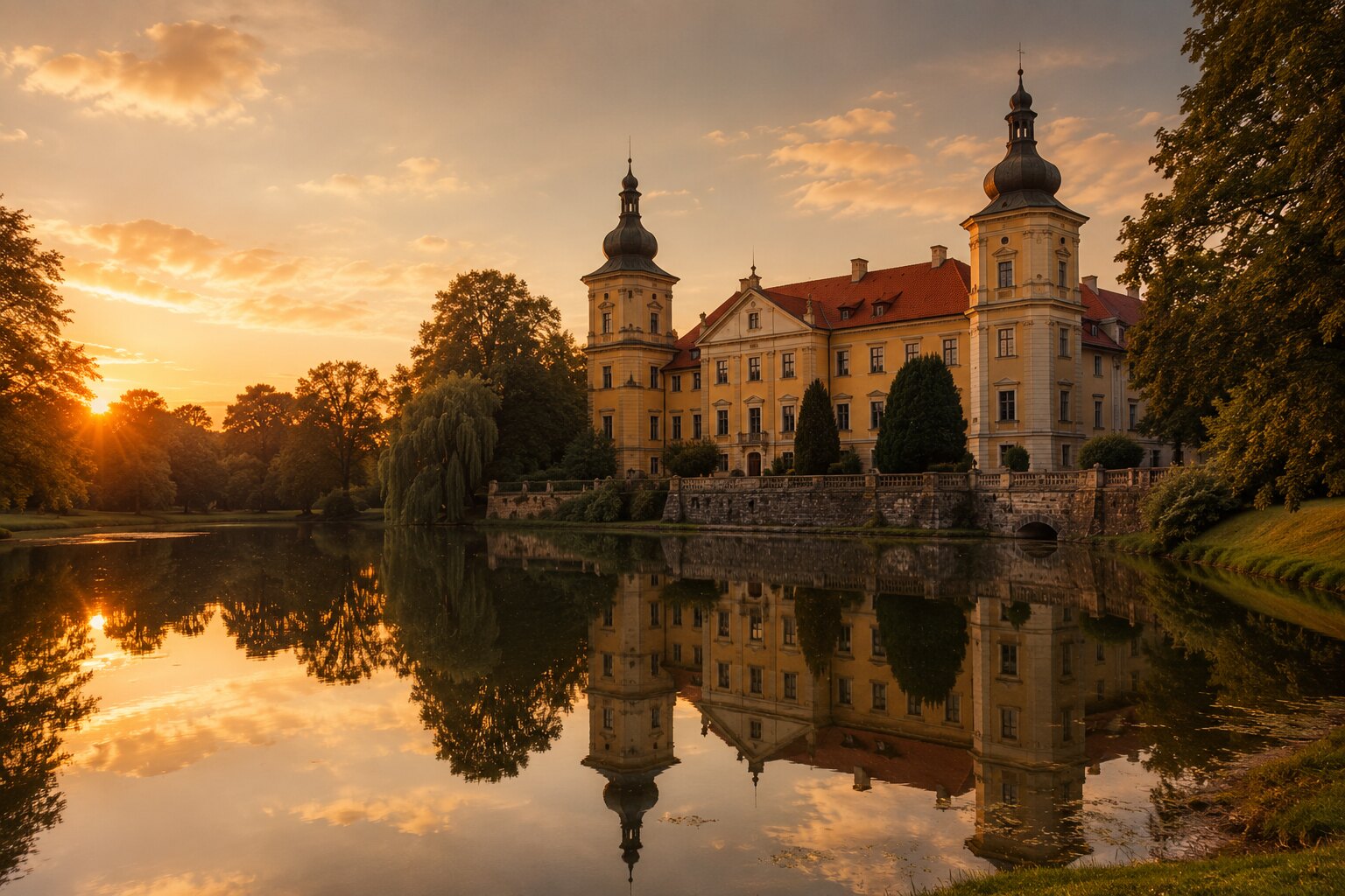 Zámek Vlkov nad ránem, pohled přes zámecký rybník