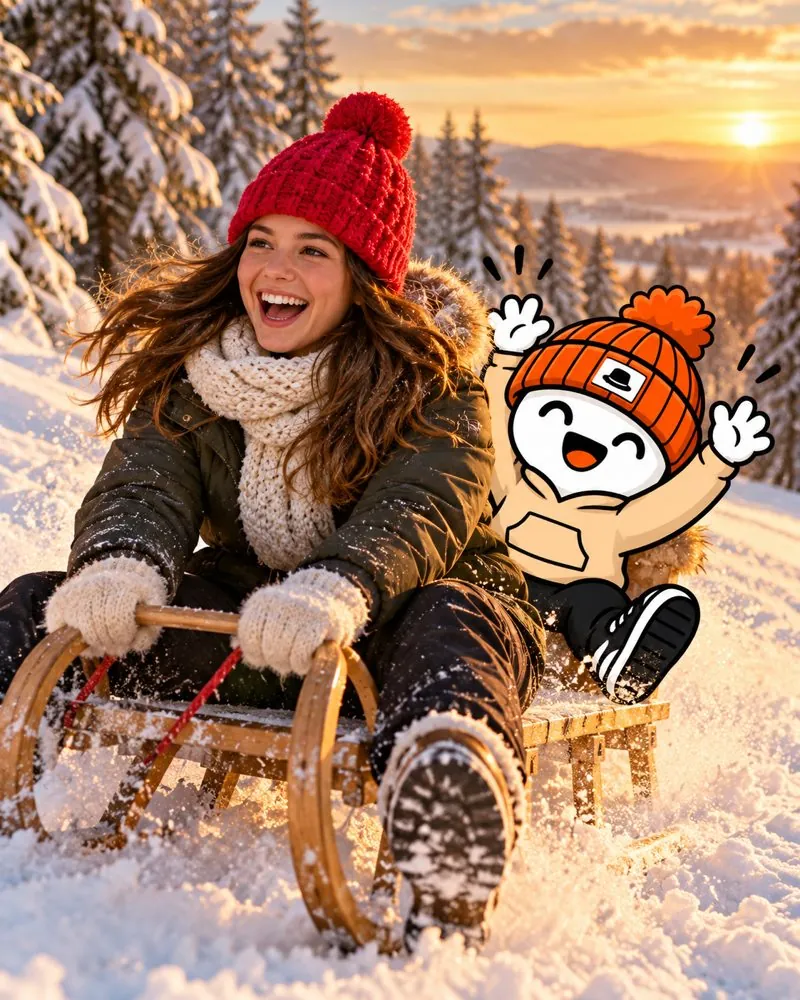 Příspěvek na sociální sítě se zimní čepicí a hlavounem na saních