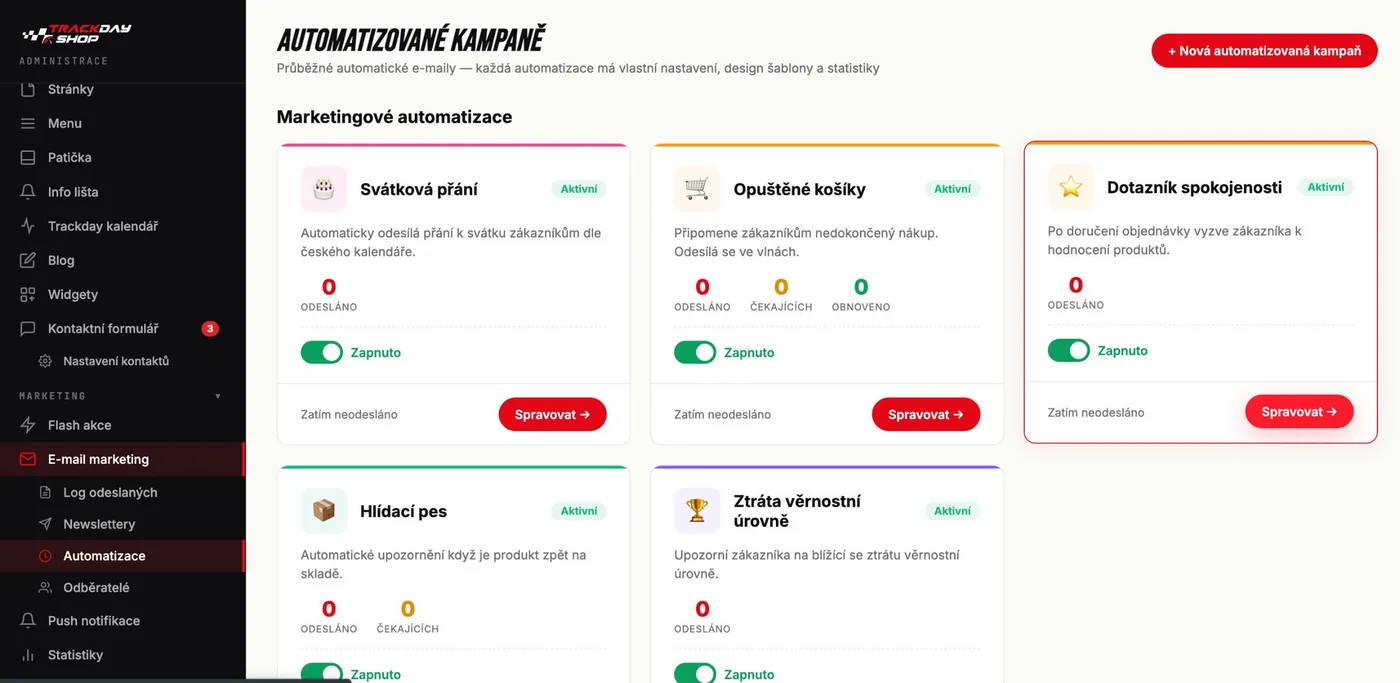 Automatizované kampaně TrackDayShop — Svátková přání (automaticky podle českého kalendáře), Opuštěné košíky (připomene zákazníkům nedokončený nákup), Dotazník spokojenosti (po doručení objednávky), Hlídací pes (produkt zpět na skladě), Ztráta věrnostní úrovně