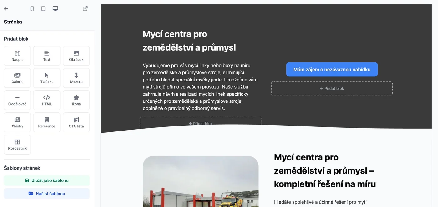 Page builder webu Mycí centra pro zemědělství a průmysl. Nabídka bloků: Nadpis, Text, Obrázek, Galerie, Tlačítko, Mezera, Oddělovač, HTML, Ikona, Články, Reference, CTA lišta, Rozcestník. Vpravo náhled landing page s tmavým hero