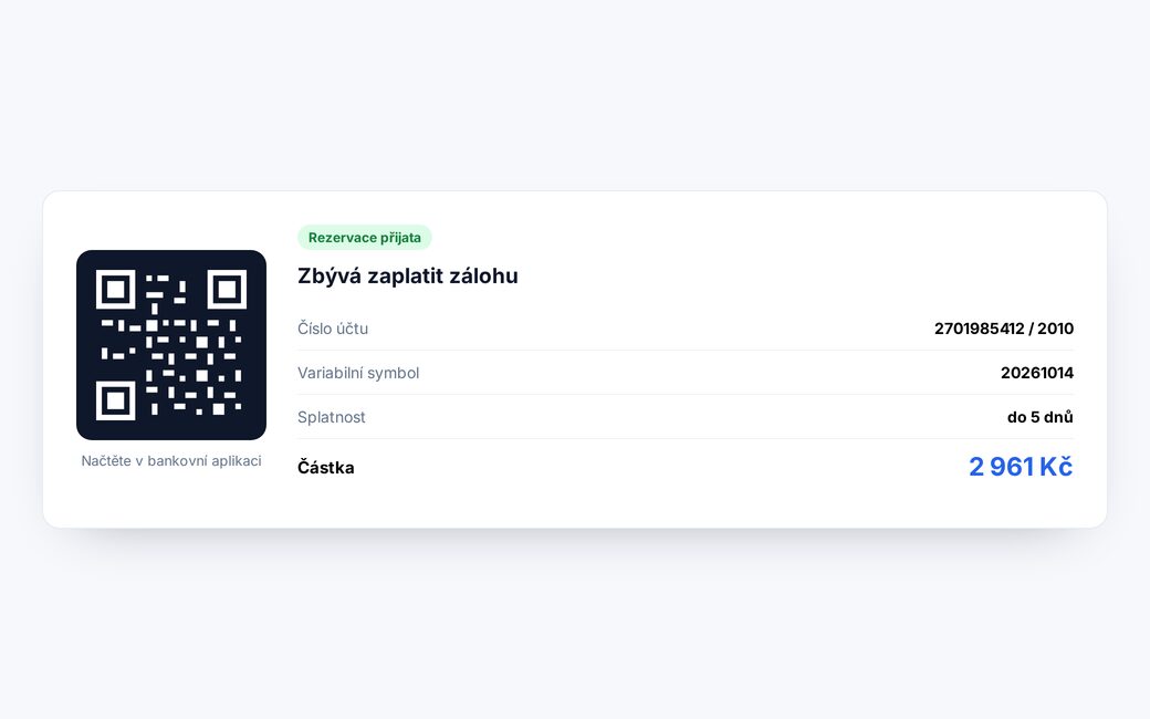 Platební údaje a QR kód hned po objednávce