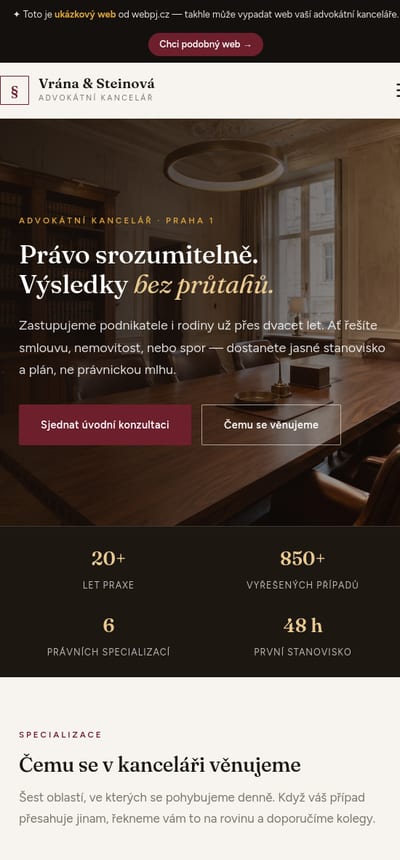Ukázka webu pro advokáty na mobilu