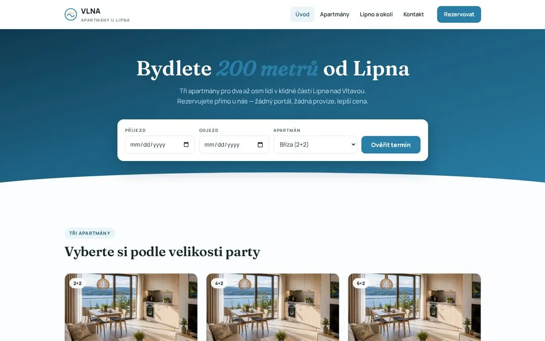 Apartmány VLNA — tři jednotky u Lipna