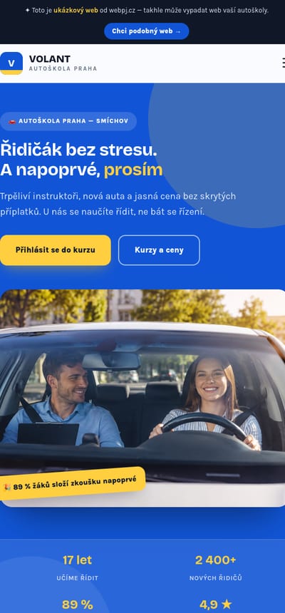 Ukázka webu pro autoškolu na mobilu