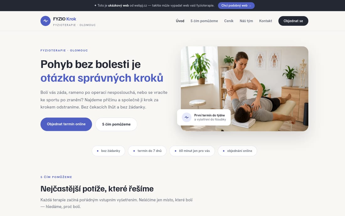 Ukázka webu pro fyzioterapii na počítači