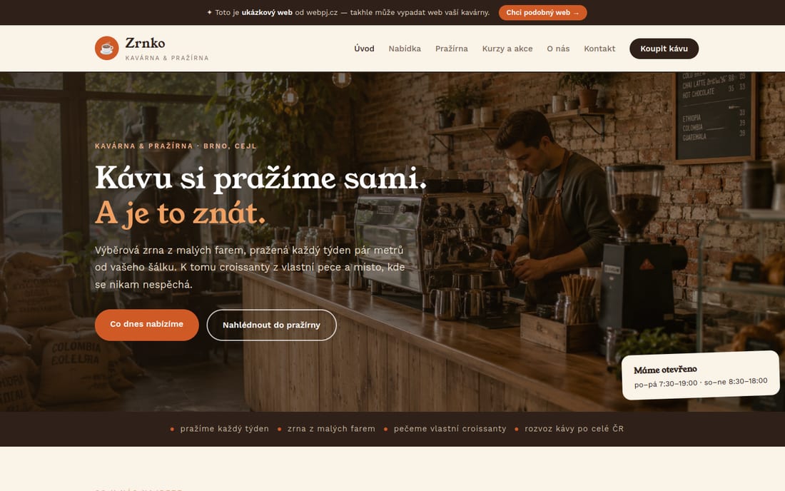 Ukázka webu pro kavárnu na počítači
