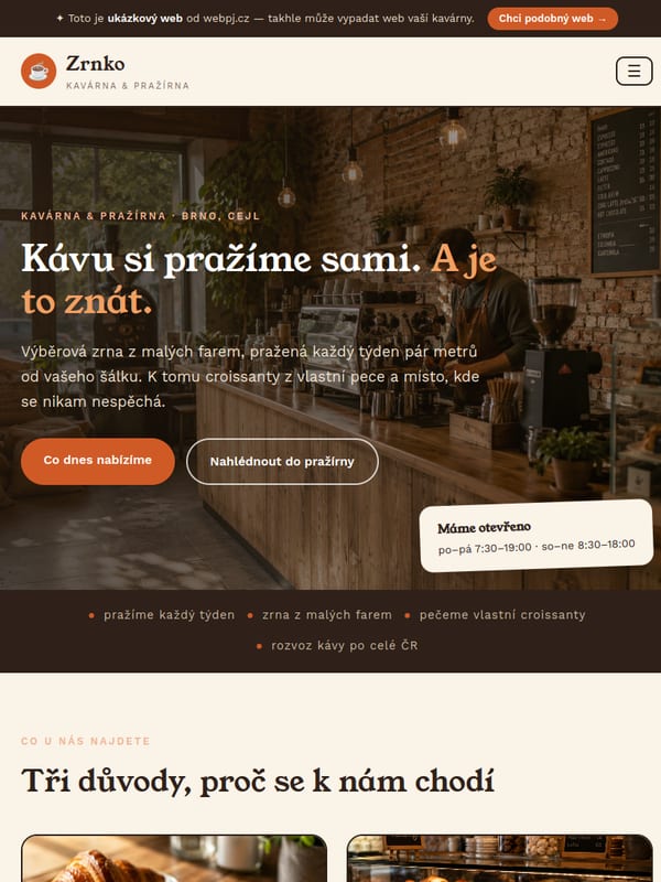 Ukázka webu pro kavárnu na tabletu