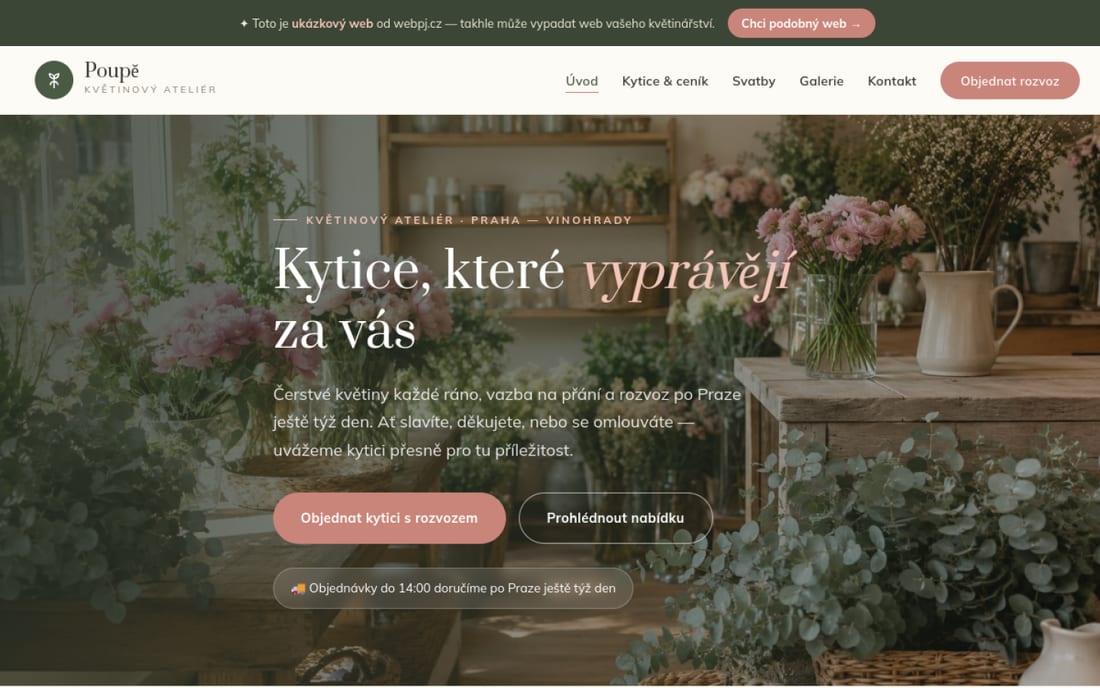 Ukázka webu pro květinářství na počítači