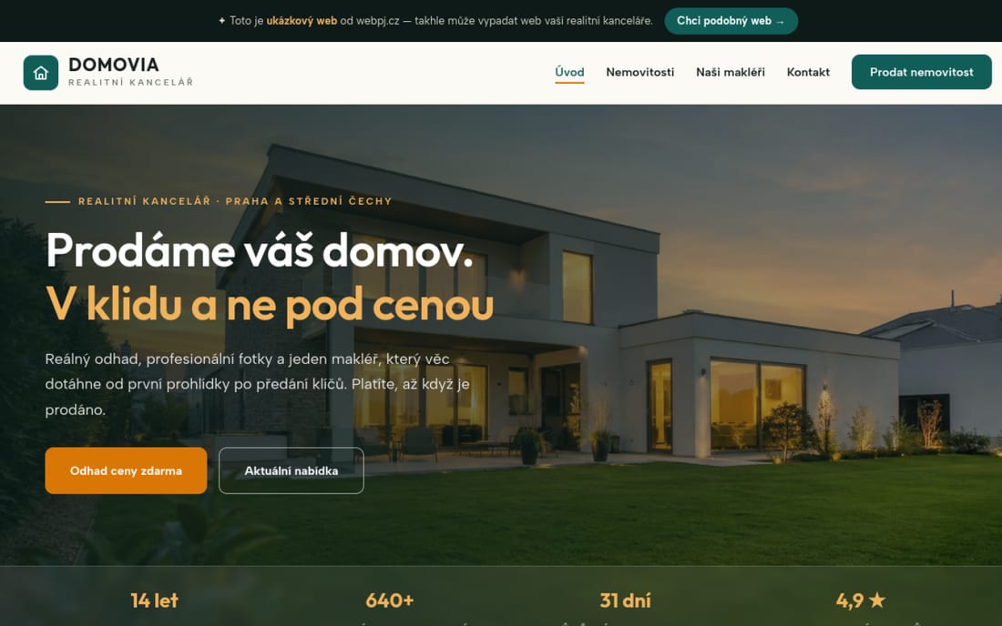 Ukázka webu pro realitní kancelář na počítači
