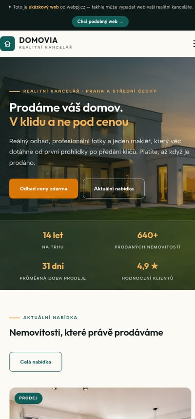 Ukázka webu pro realitní kancelář na mobilu
