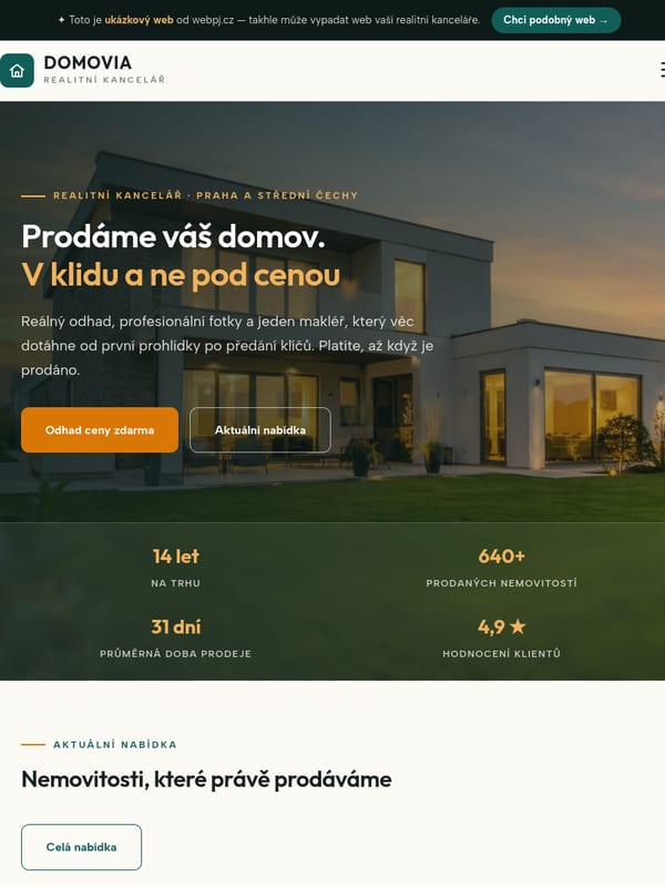 Ukázka webu pro realitní kancelář na tabletu