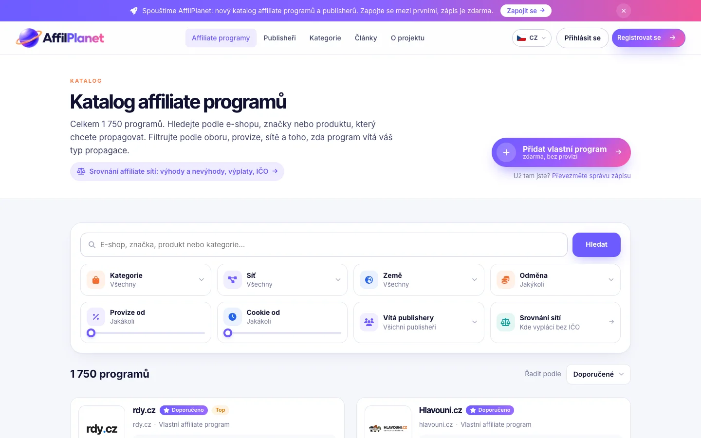 AffilPlanet.eu – katalog affiliate programů a publisherů — ukázka 2