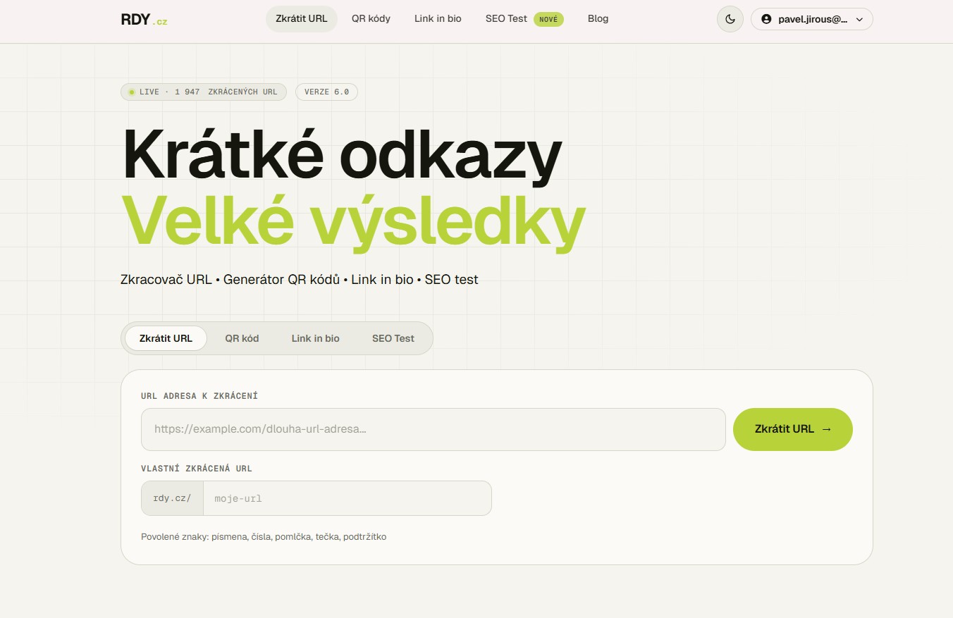 RDY.cz - Zkracovač URL & QR kódy, Link in Bio, SEO test
