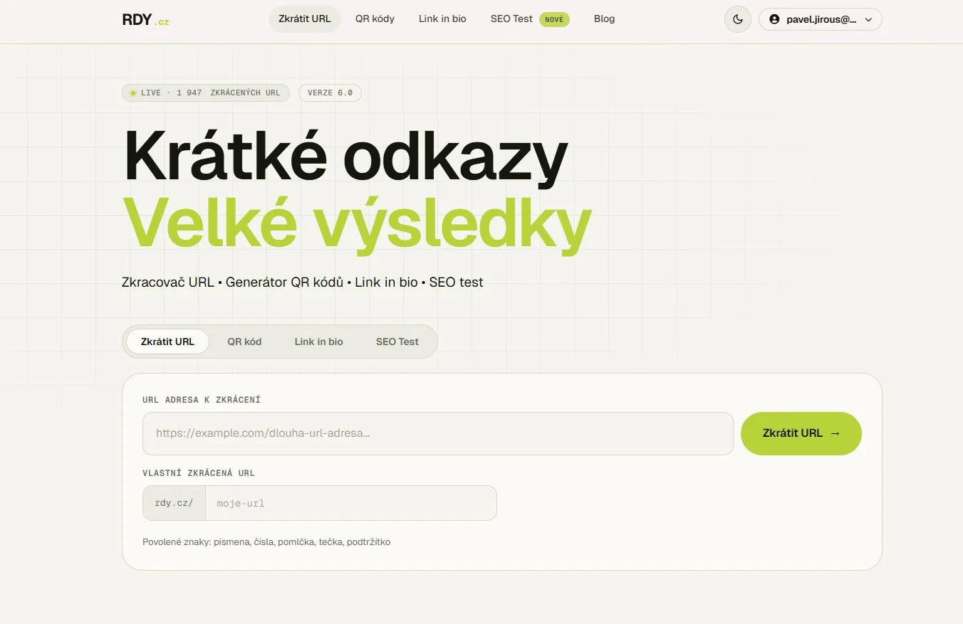 RDY.cz - Zkracovač URL & QR kódy, Link in Bio, SEO test