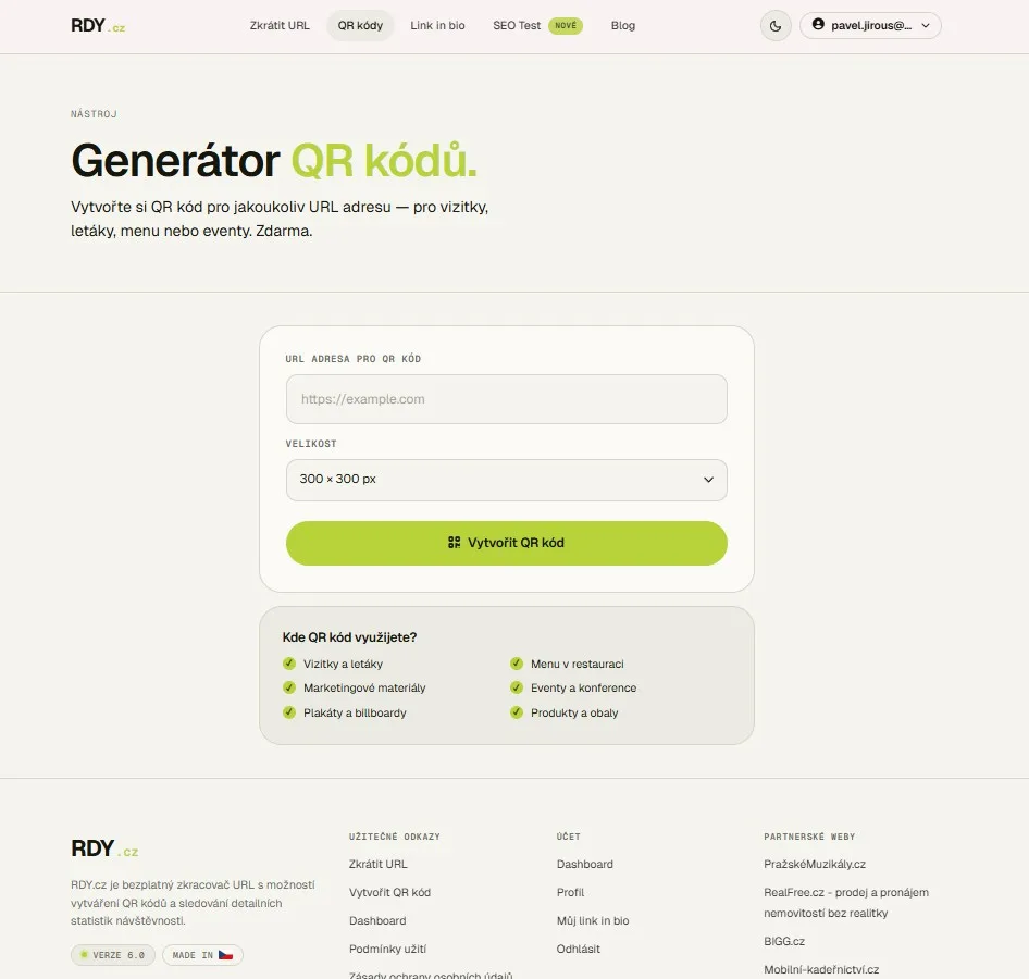 RDY.cz - Zkracovač URL & QR kódy, Link in Bio, SEO test — ukázka 1