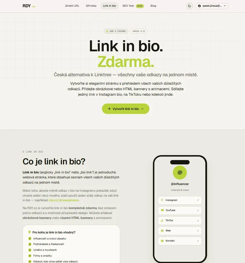 RDY.cz - Zkracovač URL & QR kódy, Link in Bio, SEO test — ukázka 2