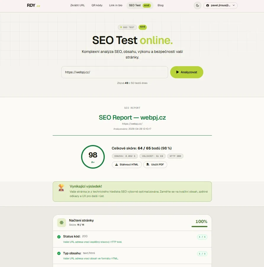 RDY.cz - Zkracovač URL & QR kódy, Link in Bio, SEO test — ukázka 3