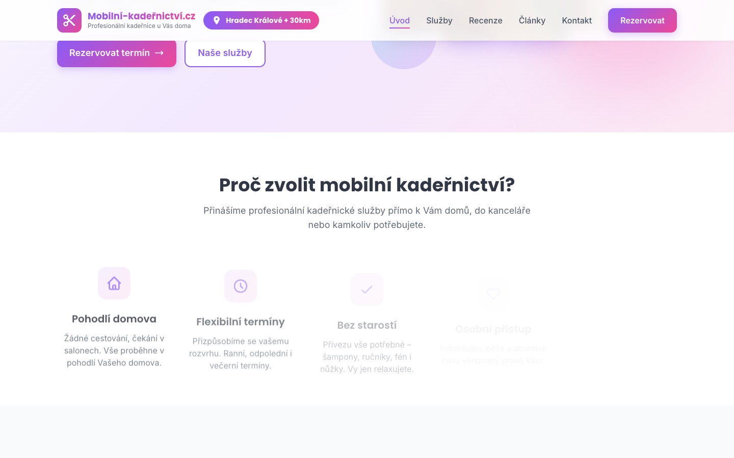 Úvod webu – mobilní kadeřnictví s 3D karuselem a moderním designem