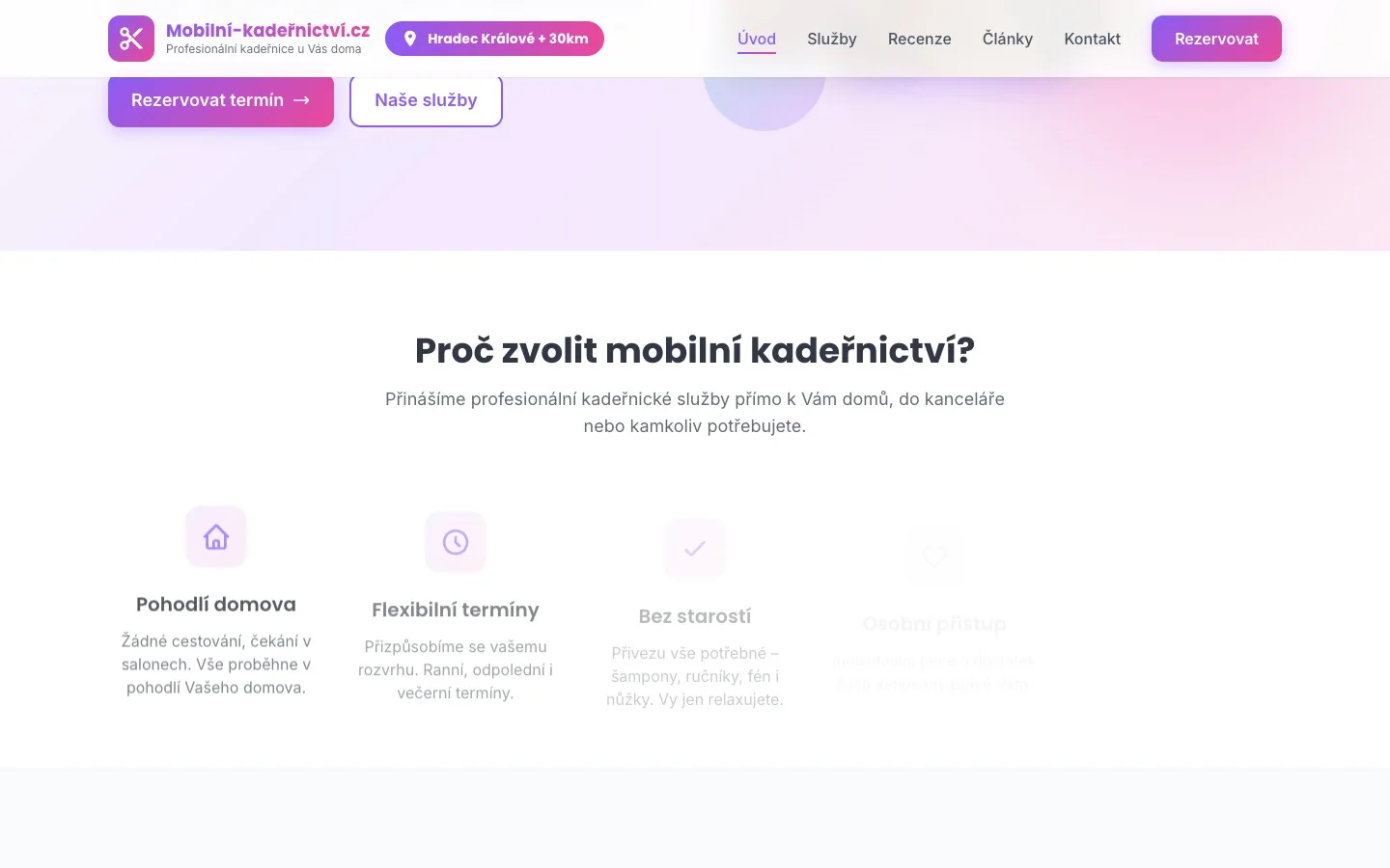 Úvod webu – mobilní kadeřnictví s 3D karuselem a moderním designem