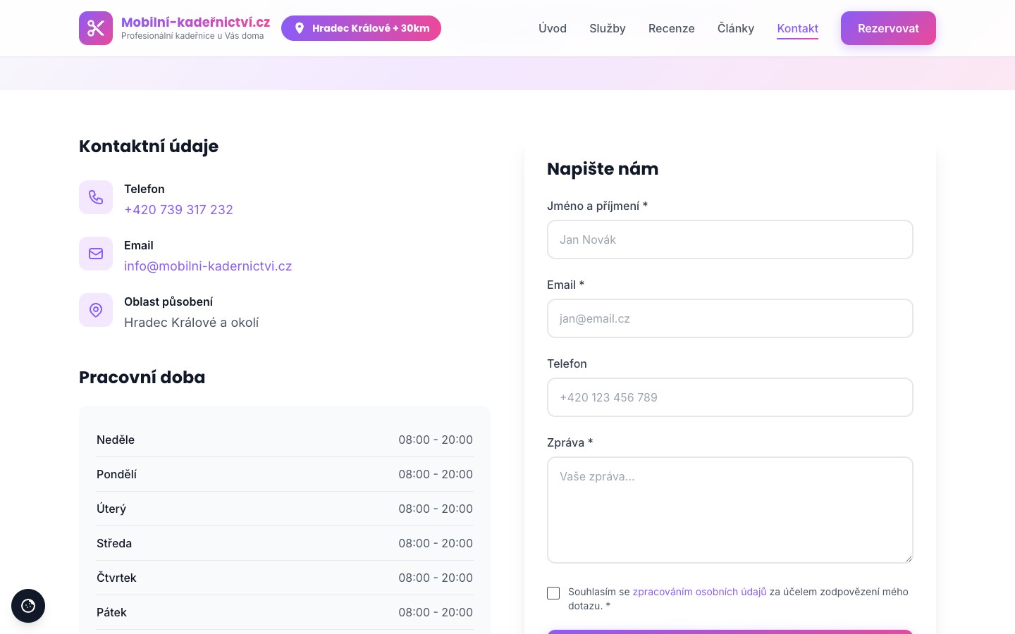 Kontakt a rezervace – online formulář pro objednání termínu