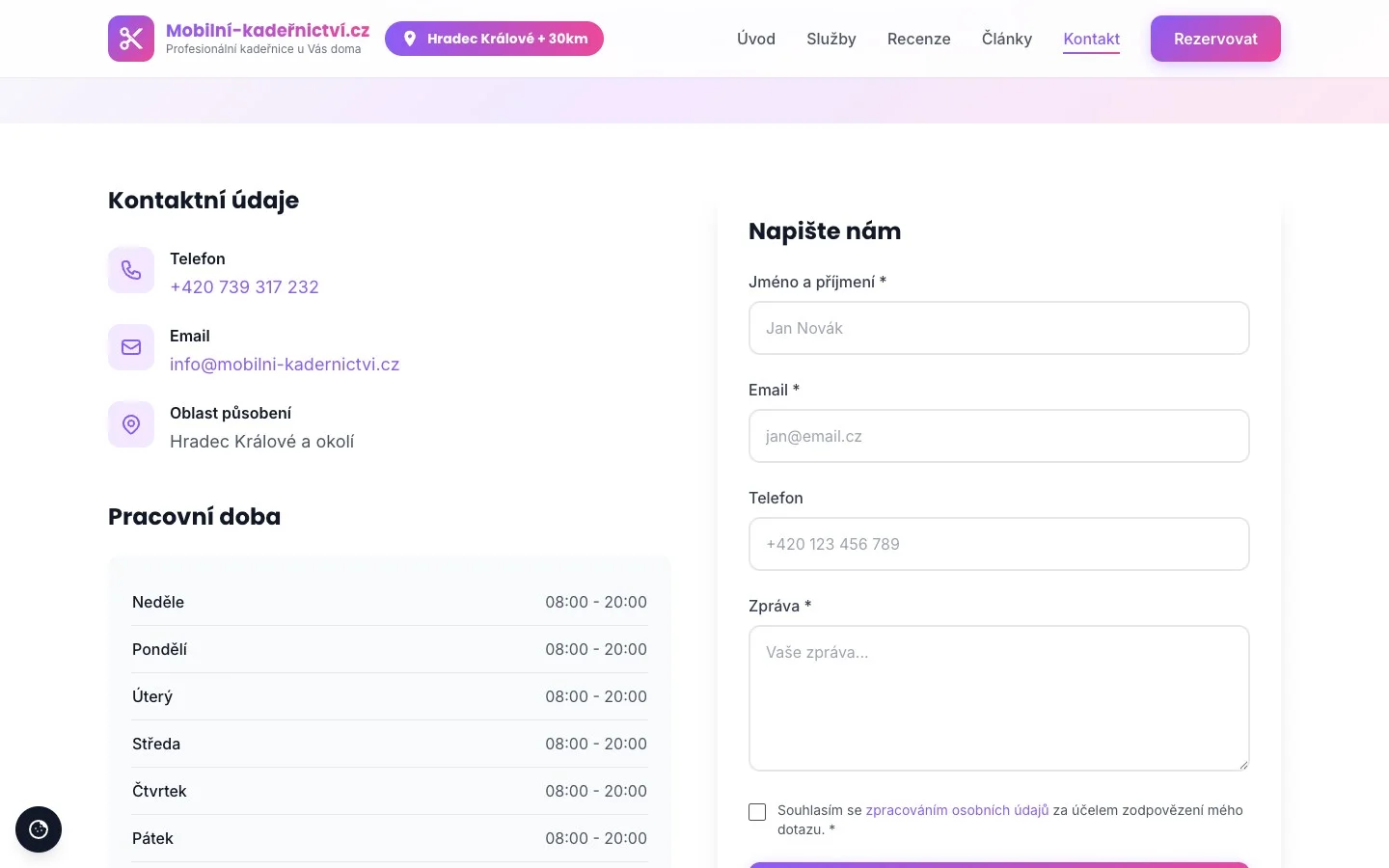 Kontakt a rezervace – online formulář pro objednání termínu