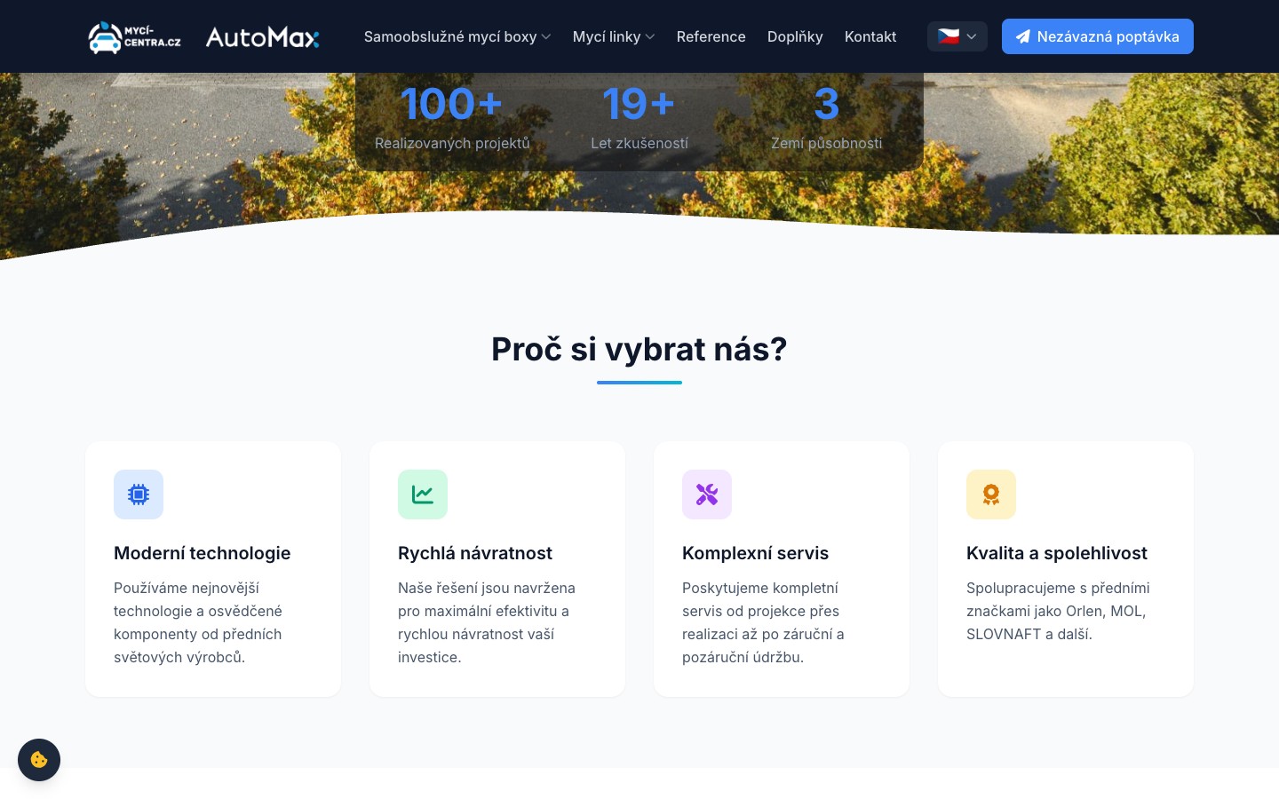 Úvod webu – produktové kategorie mycích center s interaktivními kartami