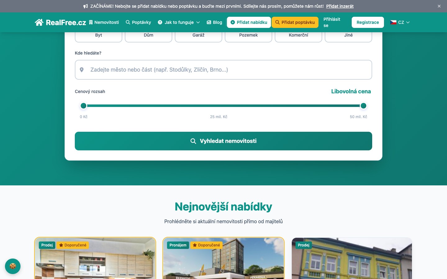 Úvod RealFree.cz – vyhledávání nemovitostí bez provize s mapou