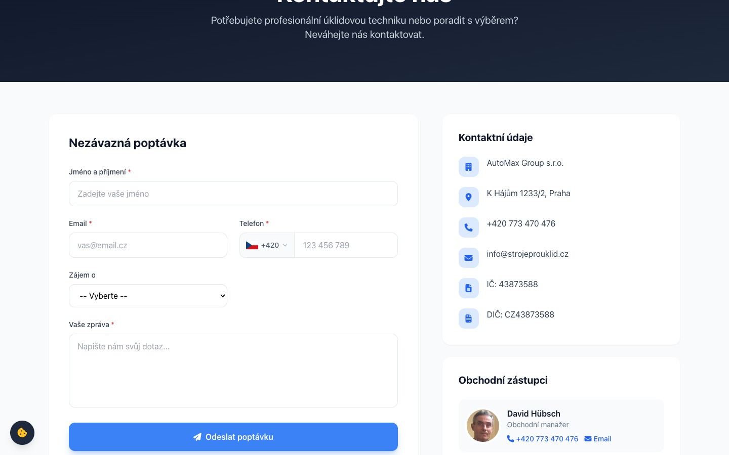 Kontaktní stránka s formulářem, mapou a pobočkami